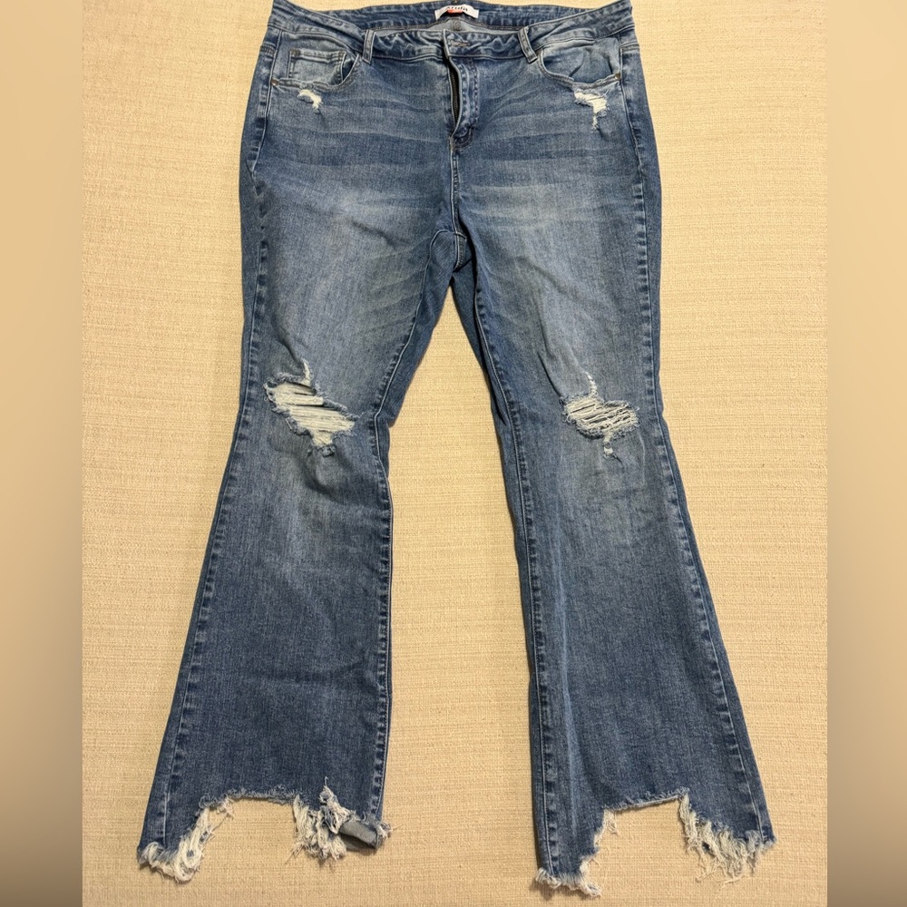 ARULA Distressed Medium Blue Bootcut Jeans
